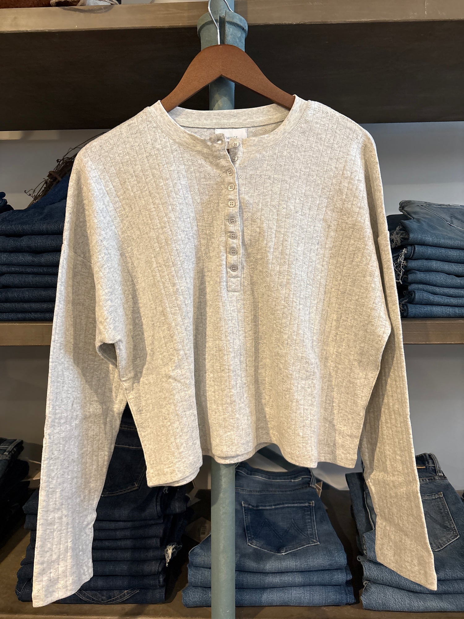 Clara Pointelle Henley Top long sleeve shirt layering shirt at boltranchstore.com Free shipping