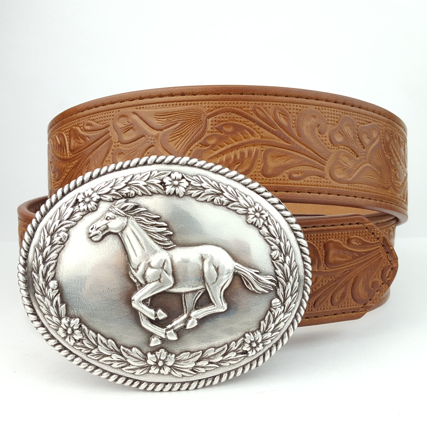 Floral Tooled Belt with Horse Buckle