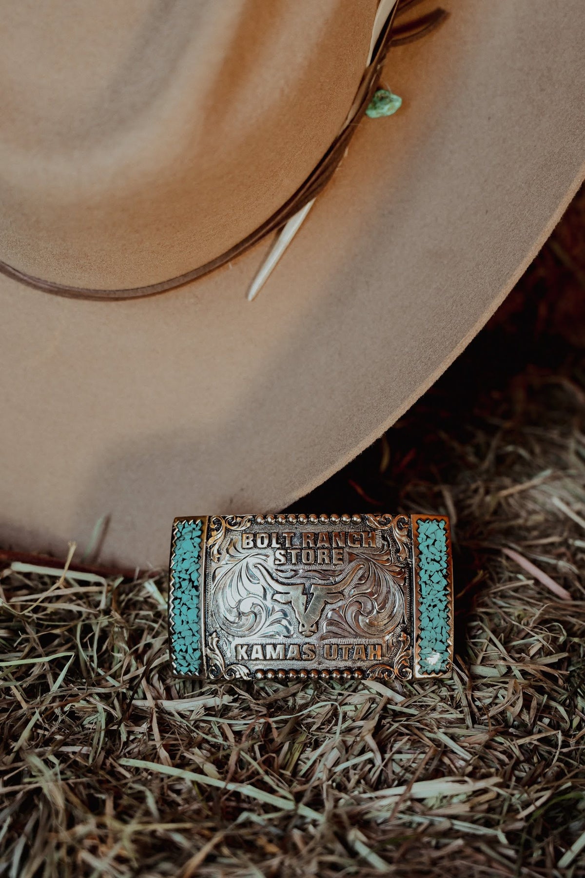 Bolt Ranch Turquoise Fenced Buckle cowboy buckle for men and women turquoise side buckle with swirl and scroll design available for a limited time.