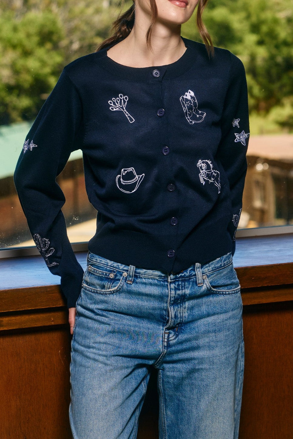 Edana Embroidered Detail Cardigan with button up front and embroided with cowboy hat cowboy boots horse and cactus available at boltranchstore.com