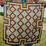 Fringe El Azteca Silk Scarf Chambray stepped diamond geometric blanket pattern in chambray and browns womens western boutique Utah SKU SCRFELAZCHAMSH26053