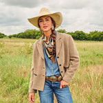 Fringe El Azteca Silk Scarf Chambray one inch Fringe logo on the center edge ranch wear