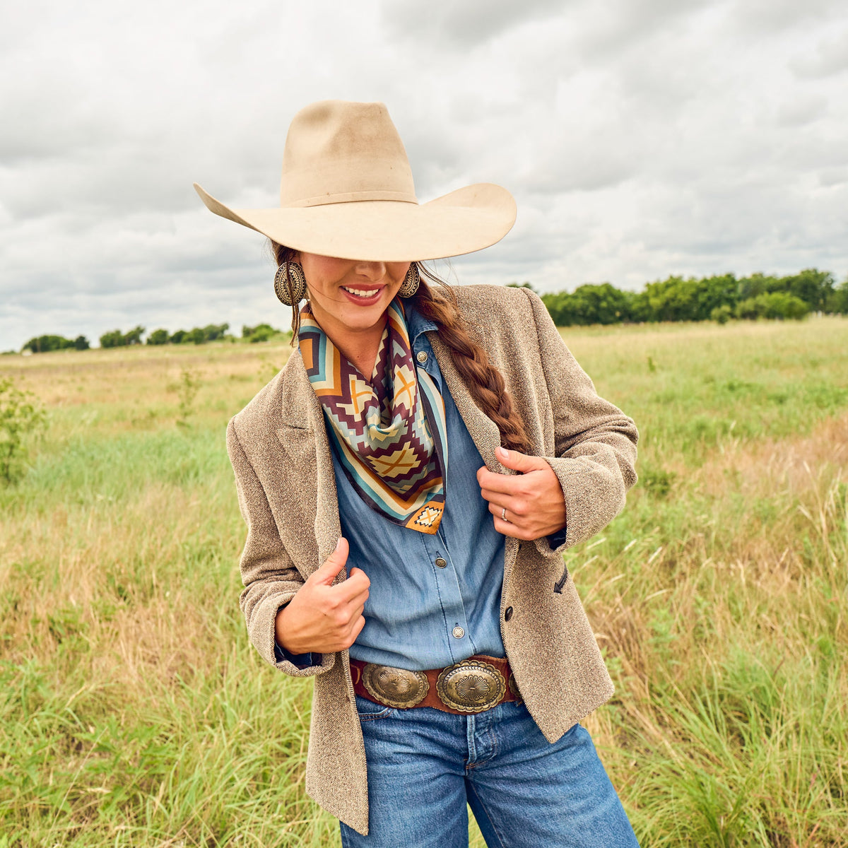 Fringe El Azteca Silk Scarf Chambray pairs with turquoise and silver jewelry cowboy