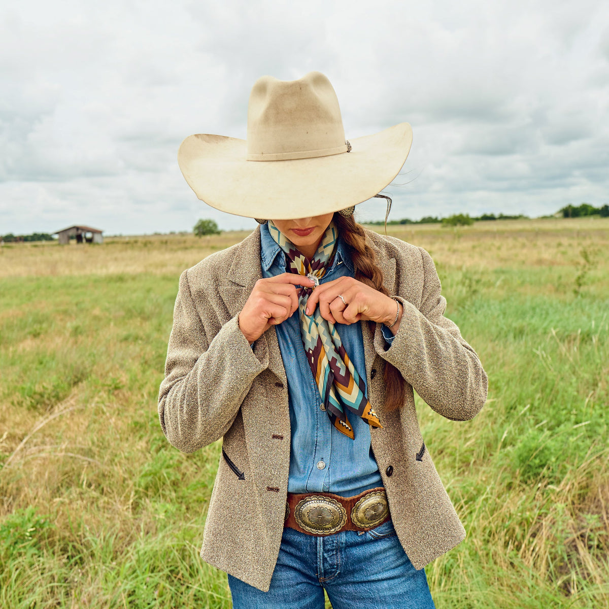 Fringe El Azteca Silk Scarf Chambray made for the barn and a night out ranch wear Kamas