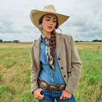 Fringe El Azteca Silk Scarf Chambray wraps as a western belt cowgirl