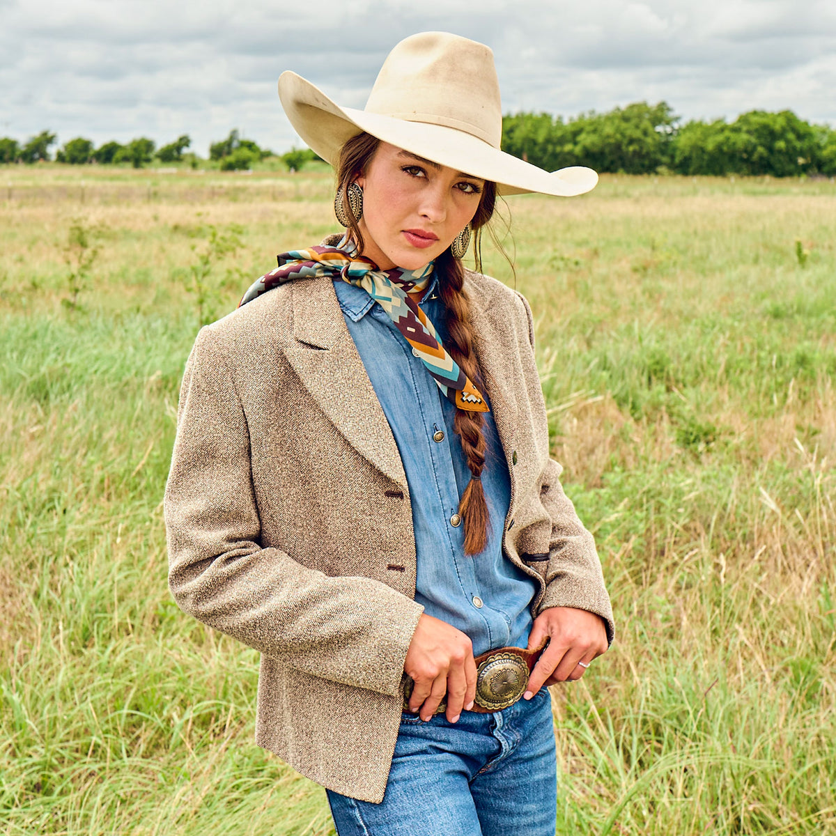 Fringe El Azteca Silk Scarf Chambray lightweight layer for cool arena mornings Park City