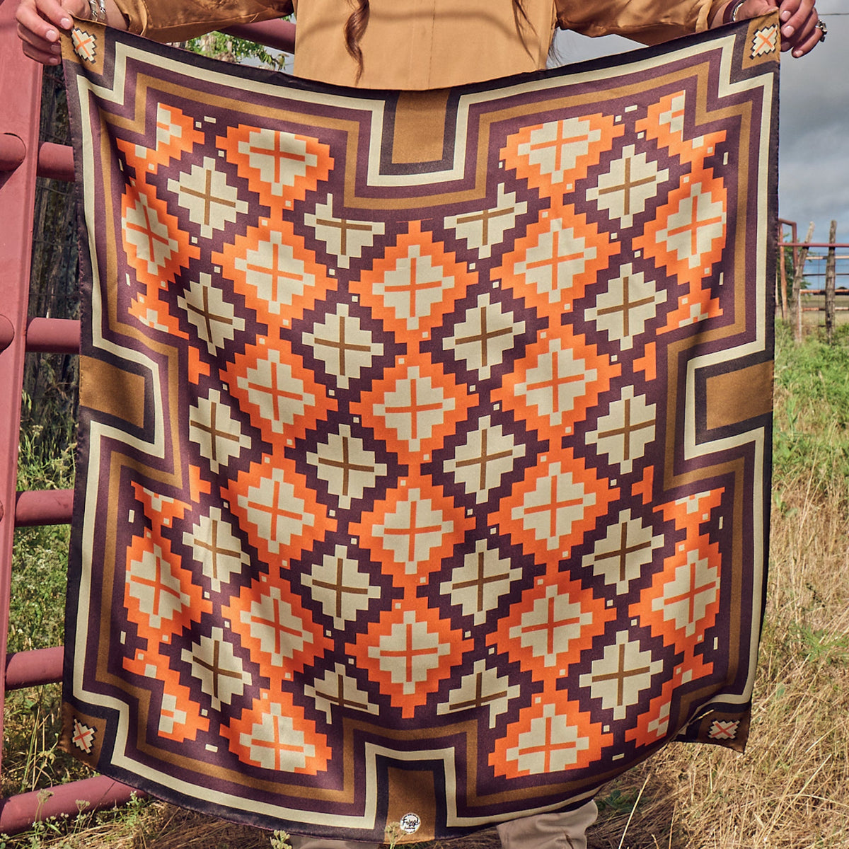 Fringe El Azteca Silk Scarf Orange stepped diamond geometric blanket pattern in warm oranges and browns womens western boutique Utah SKU SCRFELAZORGSH26055