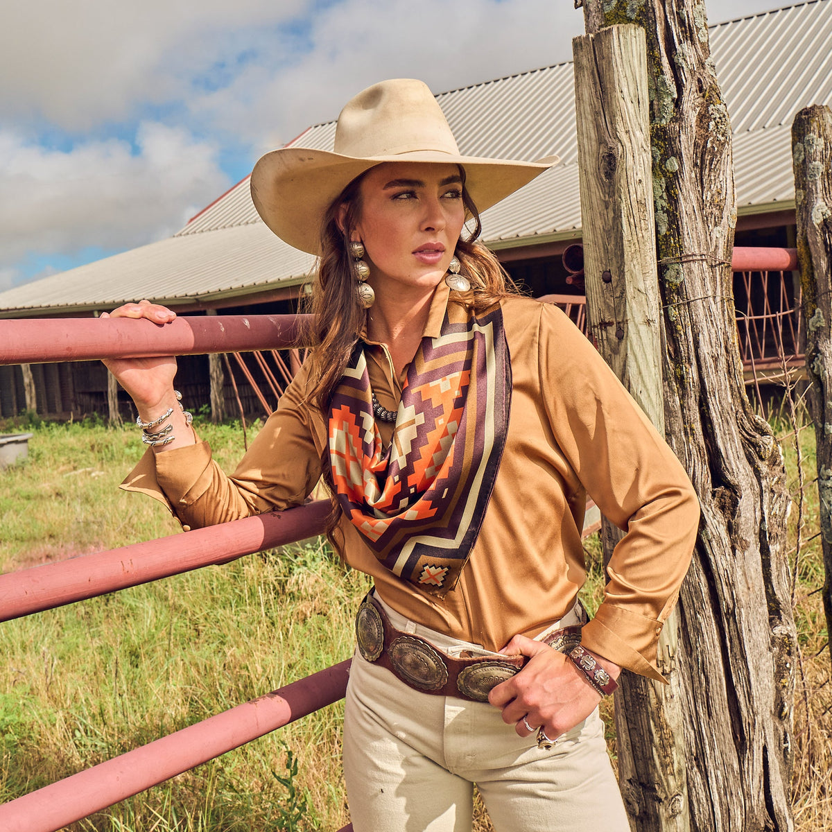 Fringe El Azteca Silk Scarf Orange goes with a felt or straw cowboy hat cowboy