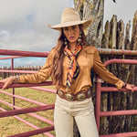 Fringe El Azteca Silk Scarf Orange ties in a bow for a softer look western clothing