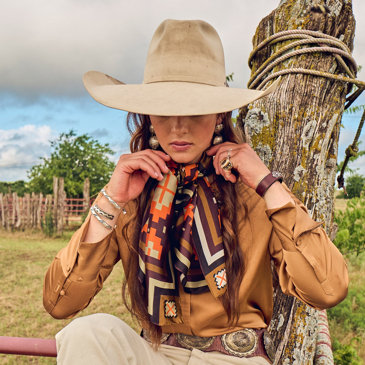 Fringe El Azteca Silk Scarf Orange long enough to tuck the tails into a vest western clothing Utah