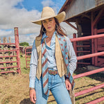 Fringe Scarves Boli Preppy Saddle Blue Brown long skinny scarf in lightweight poly chiffon western clothing