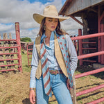 Fringe Scarves Boli Preppy Saddle Blue Brown three and a half inch by 70 inch length made for dramatic styling rodeo