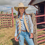 Fringe Scarves Boli Preppy Saddle Blue Brown tied as an oversized bow at the collar western fashion