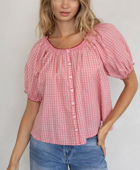 Eleanor Gingham Shirt red gingham short sleeve womens button down top new arrival Boltranchstore.com