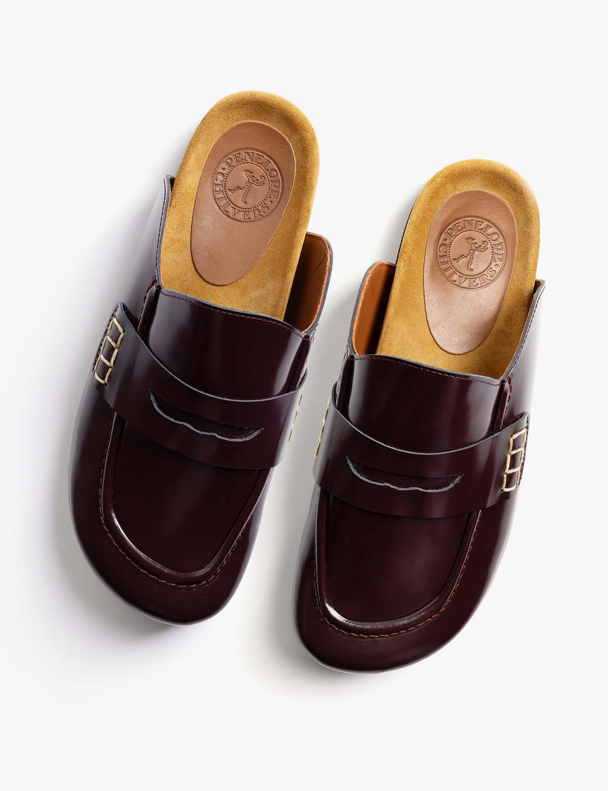 Penelope Chilvers Elgin Leather Slide hand stitched penny saddle detail over a covered cork footbed womens clothing Park City