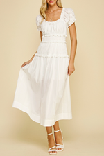 white dress smocked middle midi dress puff sleeve doen dupe Boltranchstore.com 100% cotton free shipping summer 