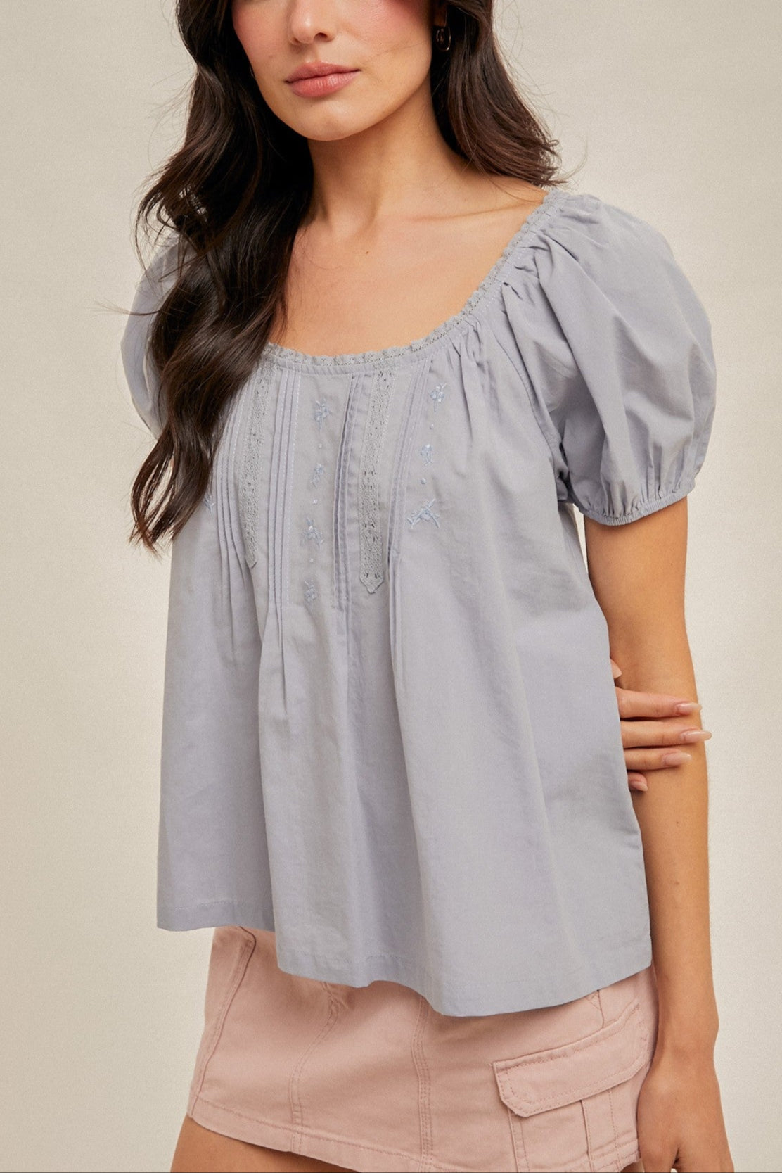 Eloise Lace Detailed Embroidery Top dusty blue womens scoop neck free shipping at Boltranchstore.com