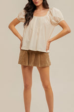 Eloise Lace Detailed Embroidery Top womens buttercream short sleeve shirt free shipping at Boltranchstore.com