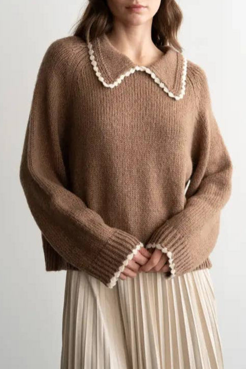 Emily Knit Scalloped Collar Sweater Buy at Boltranchstore.com western boutique womens brown sweater popular free shipping