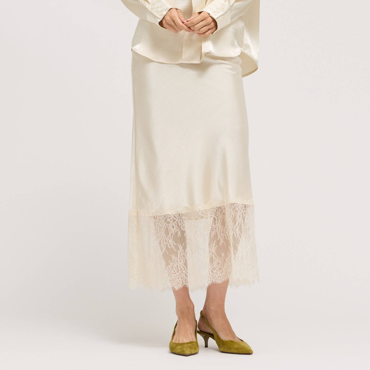 Emily Lace Trim Midi Satin Skirt elegant silky bolt ranch store free shipping cream or black church dinner