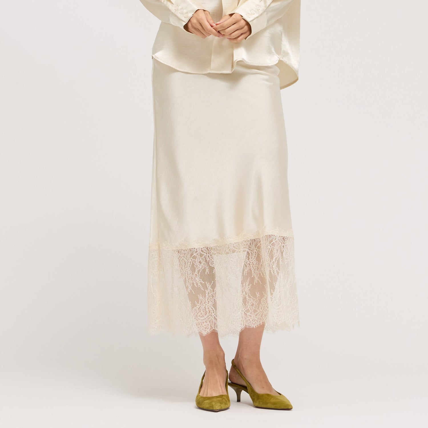 Emily Lace Trim Midi Satin Skirt elegant silky bolt ranch store free shipping cream or black church dinner