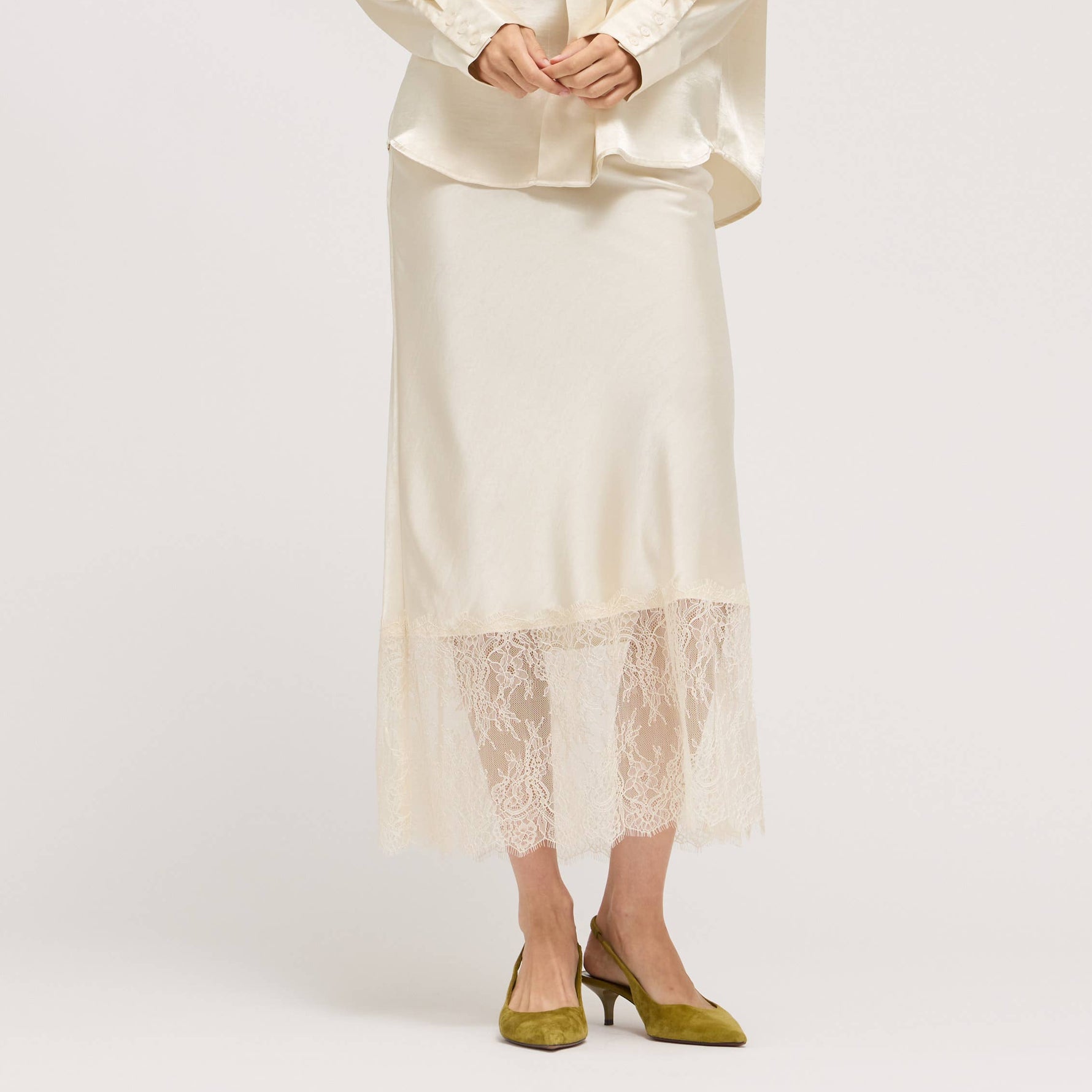 Emily Lace Trim Midi Satin Skirt elegant silky bolt ranch store free shipping cream or black church dinner