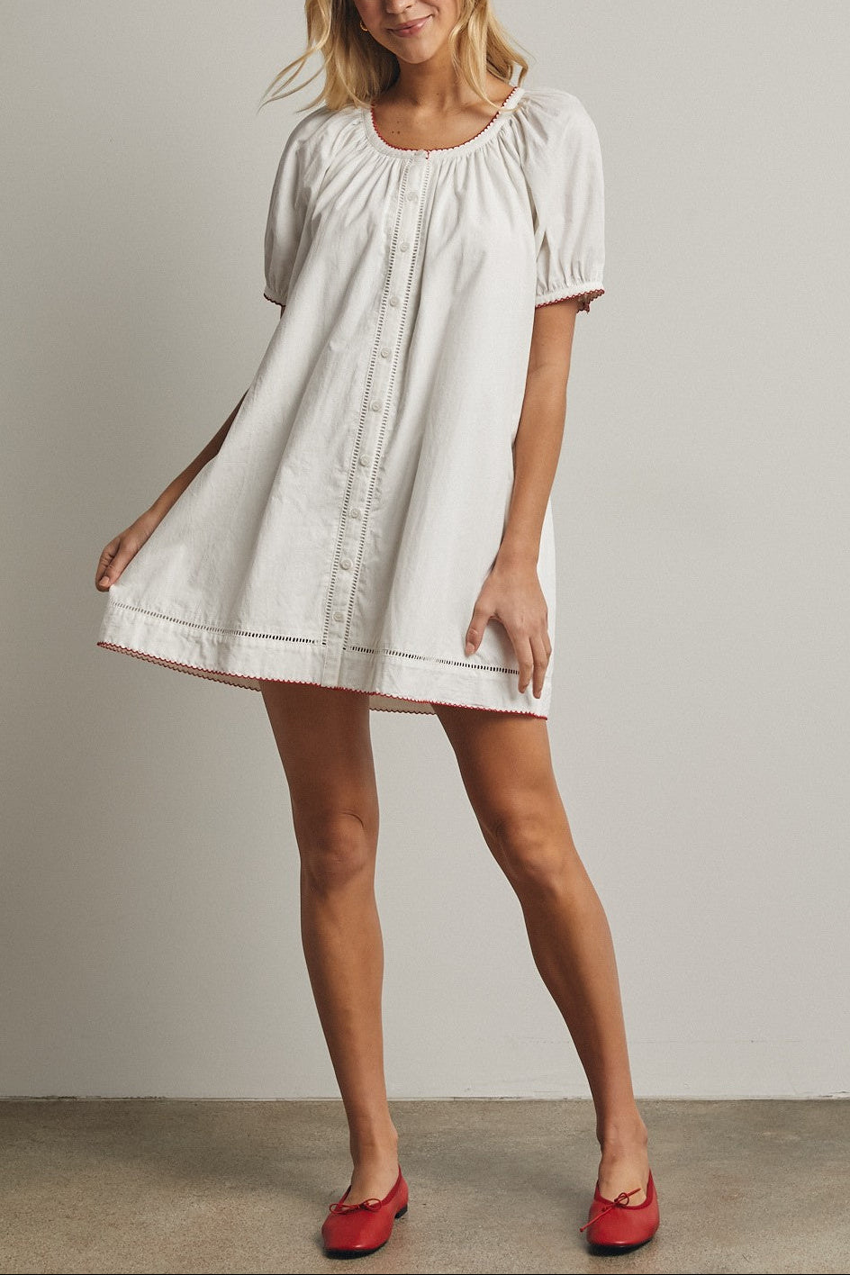 Emma Puff Sleeve Button up Mini Dress womens white scoop neck dress summer beach casual popular dress for woman teen Boltranchstore.com Free Shipping