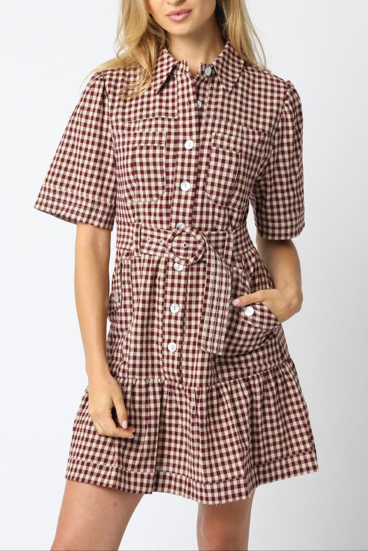 The Erika Checkered Belted Dress showcases a button-down front paired with a stylish flounce hem for a flattering finish. free shipping womens western fashion boltranchstore.com