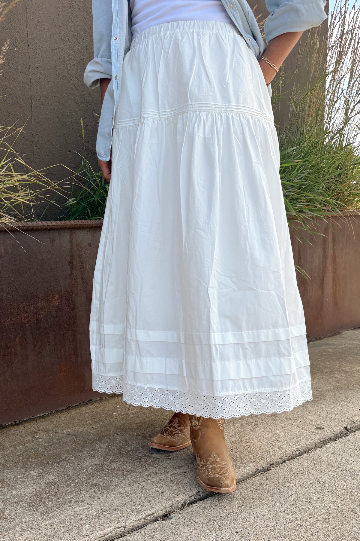 Etta Pintuck Skirt Bolt Ranch Store womens white summer skirt with lace bottom viral popular skirt at Boltranchstore.com free shipping