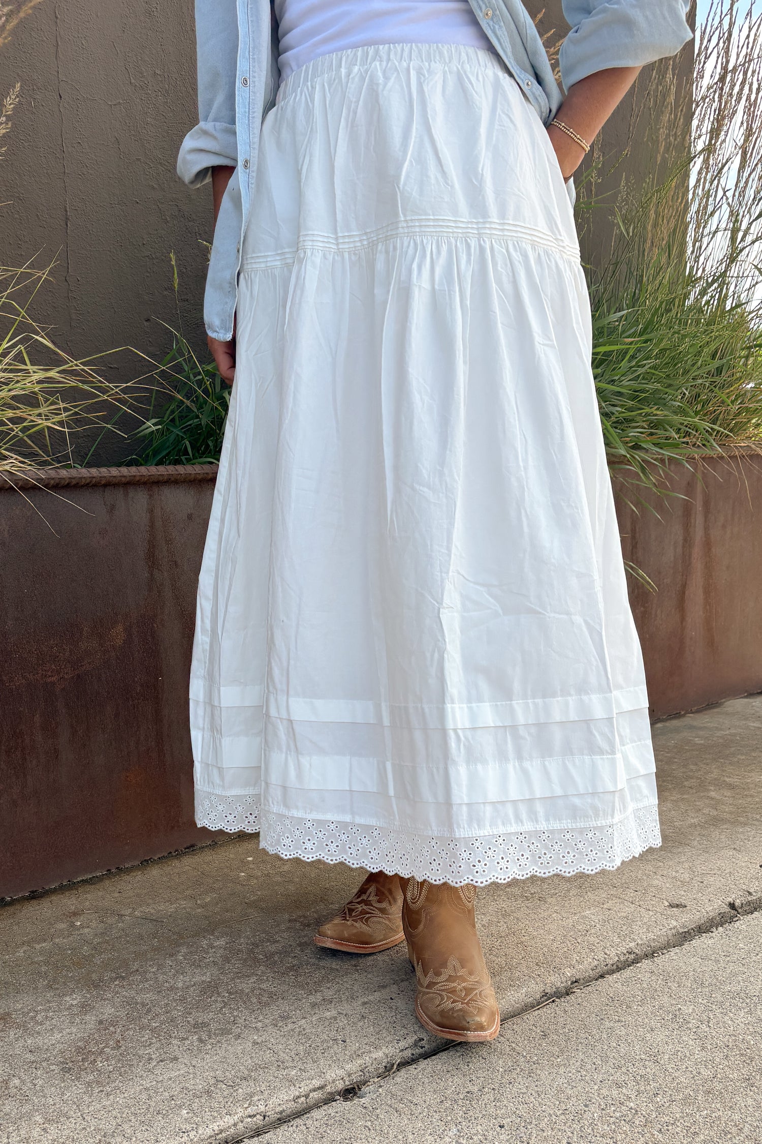 Etta Pintuck Skirt Bolt Ranch Store womens white summer skirt with lace bottom viral popular skirt at Boltranchstore.com free shipping