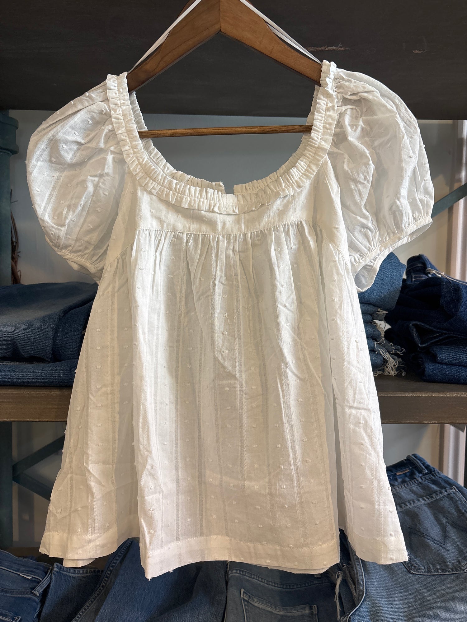 Evelyn Ruffle Top Things Between womens ivory short sleeve top flowy womens shirt polka dot ruffle cute popular shirt Boltranchstore.com Free Shipping