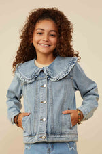 Evie Girls Ruffle Collar Denim Jacket order today at boltranchstore.com
