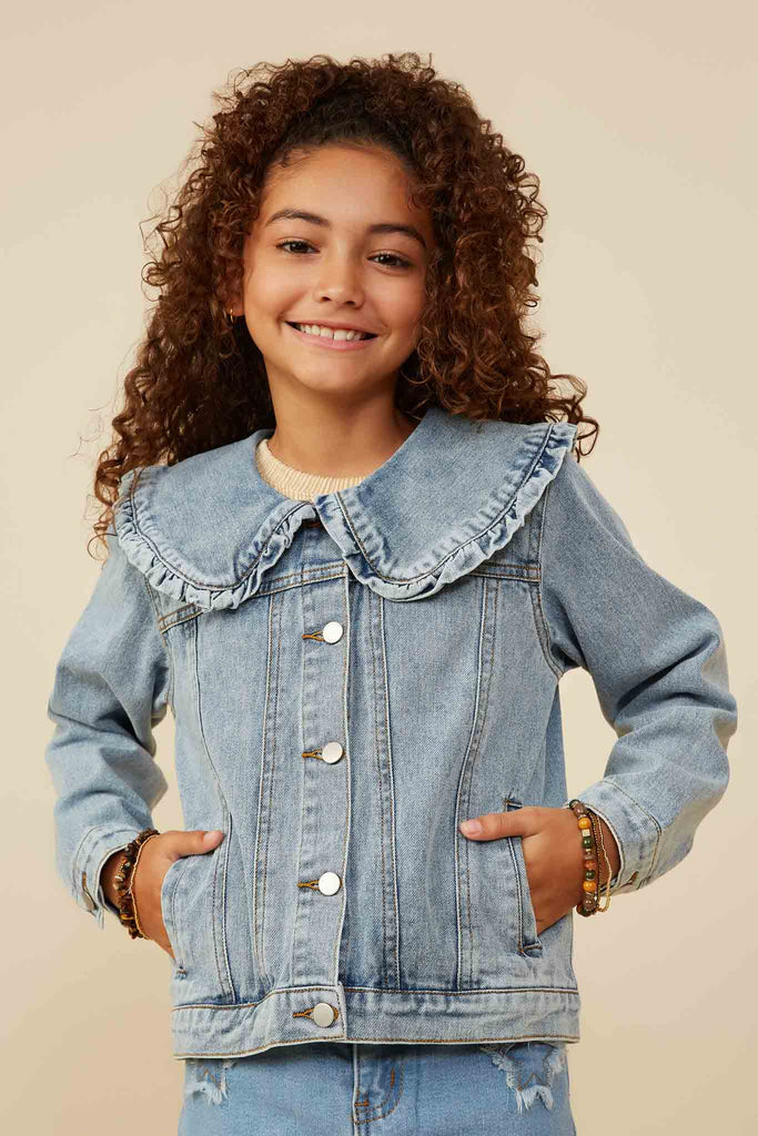 Evie Girls Ruffle Collar Denim Jacket order today at boltranchstore.com