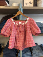 womens red plaid lace collar summer christmas short sleeve Clara Pointelle Henley Top everyday top at boltranchstore.com Free shipping