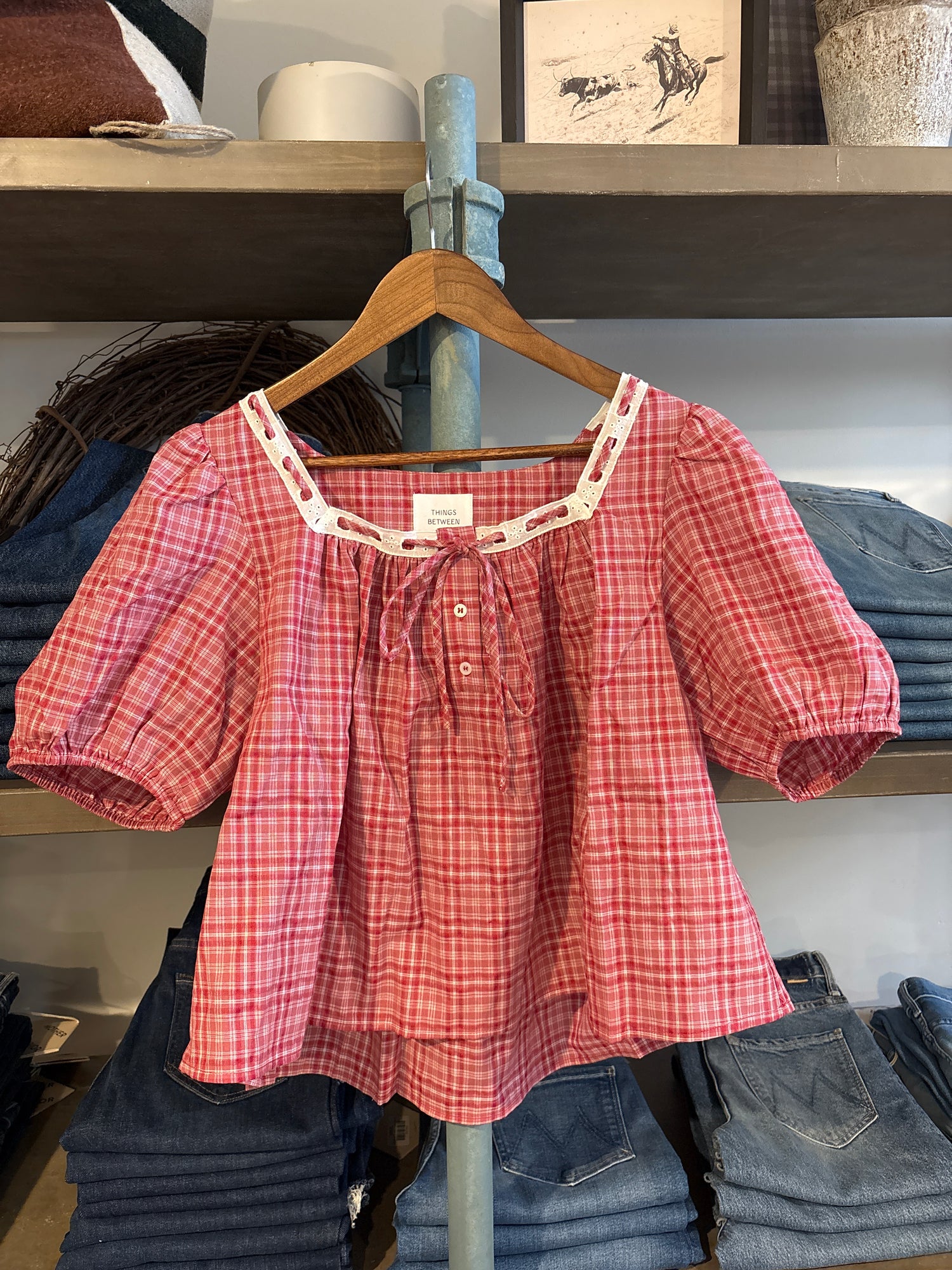 womens red plaid lace collar summer christmas short sleeve Clara Pointelle Henley Top everyday top at boltranchstore.com Free shipping