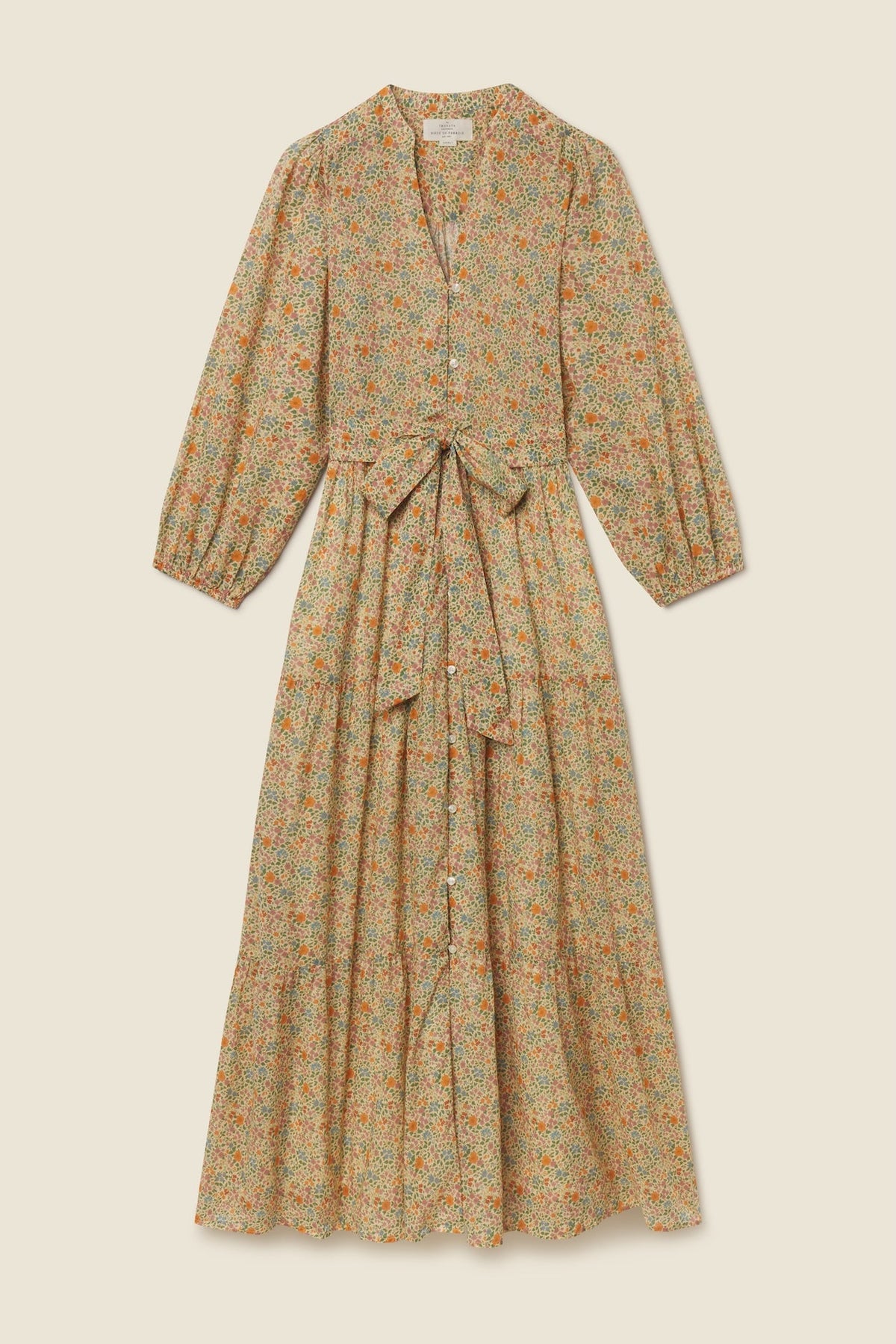 Trovata Lia Dress Gardenette botanical print cotton maxi dress in soft gold and green womens western boutique Utah FA26W156701