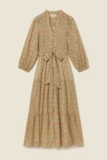 Trovata Lia Dress Gardenette botanical print cotton maxi dress in soft gold and green womens western boutique Utah FA26W156701