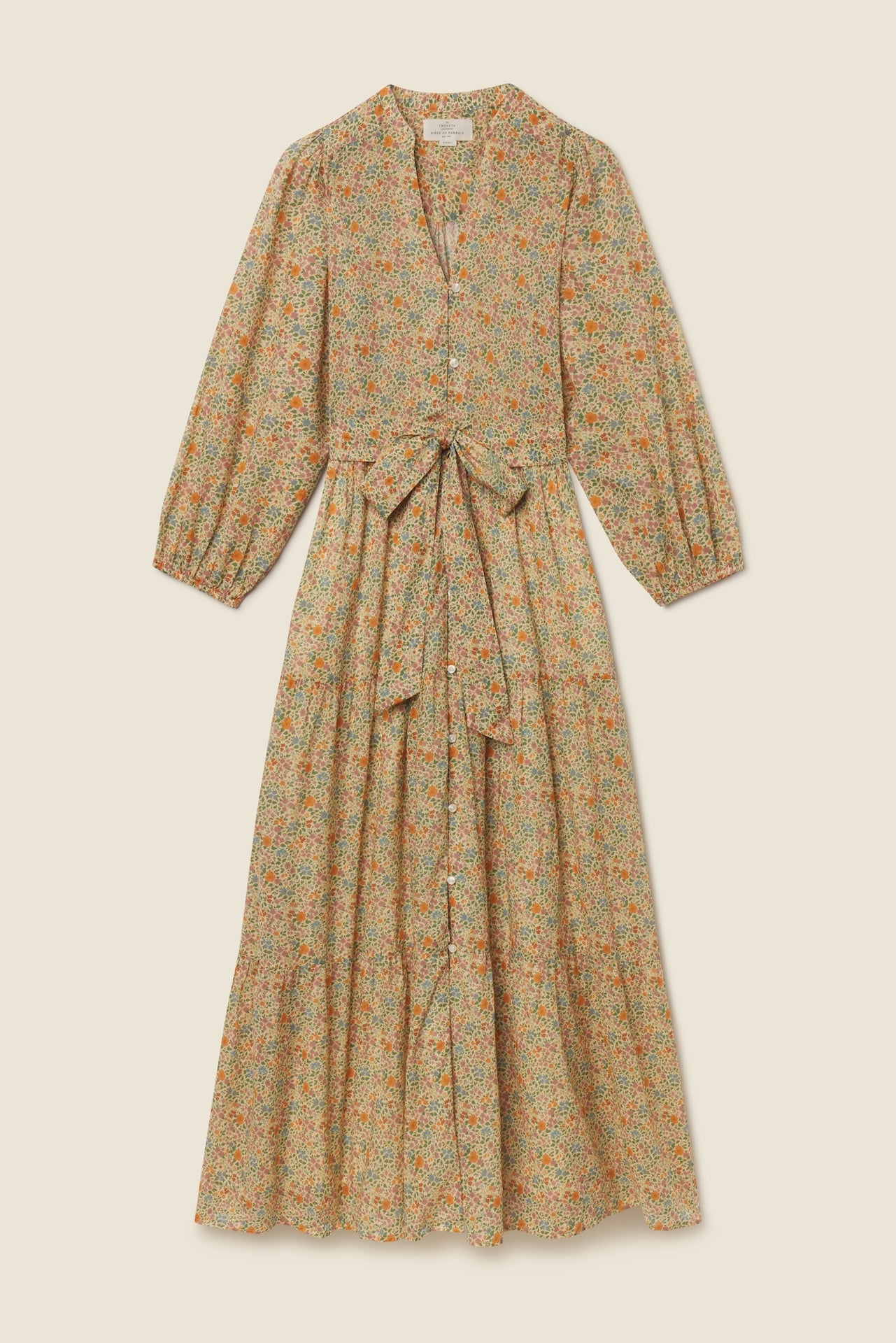 Trovata Lia Dress Gardenette botanical print cotton maxi dress in soft gold and green womens western boutique Utah FA26W156701