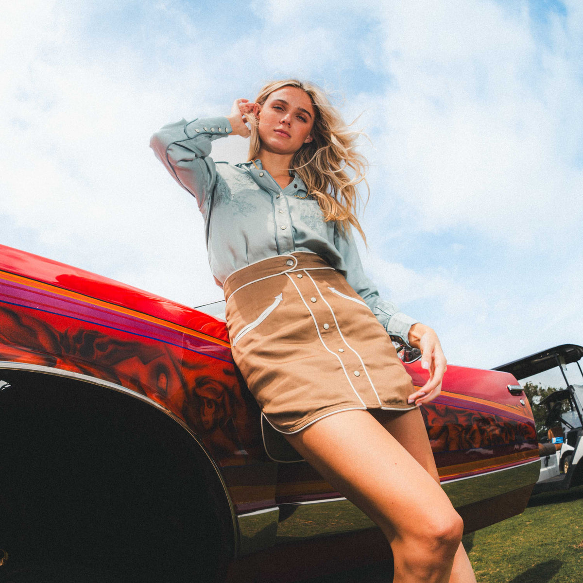 Sendero Calamity Pearl Snap Skirt Light Brown pearl snap front placket and arrow pockets cowgirl