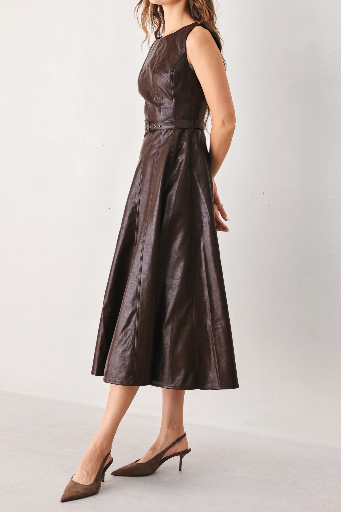 Utah womens western boutique rodeo fashion Dark Truffle Faux Leather Midi Dress SKU FD1294A Boltranchstore.com free shipping