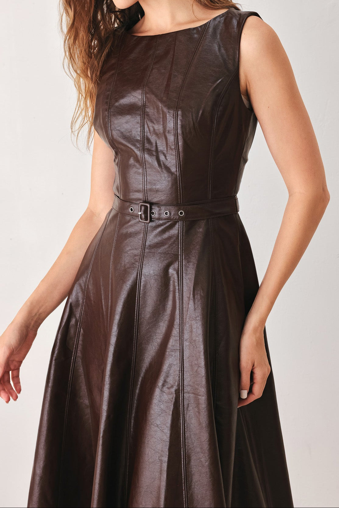 Western boutique womens clothing Utah fashion Dark Truffle Faux Leather Midi Dress SKU FD1294A Boltranchstore.com free shipping