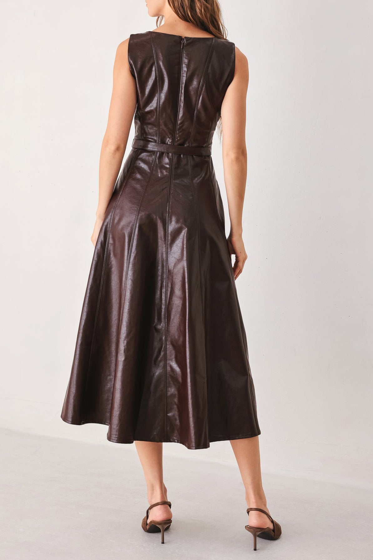 Utah western clothing womens boutique fashion Dark Truffle Faux Leather Midi Dress SKU FD1294A Boltranchstore.com free shipping