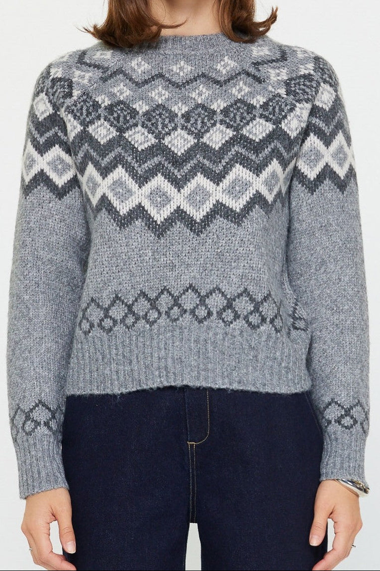 womens Fair Isle Sweater patterned sweater with a geometric design holiday dinner outfit winter sweater at boltranchstore.com gray and blue