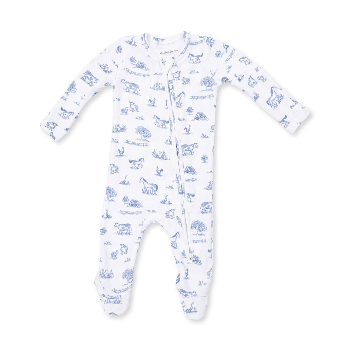 Farm Friends 2 Way Zipper Footie Baby onesie with blue Farm animals at bolt ranch store in stock in kamas utah 