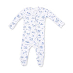 Farm Friends 2 Way Zipper Footie Baby onesie with blue Farm animals at bolt ranch store in stock in kamas utah 