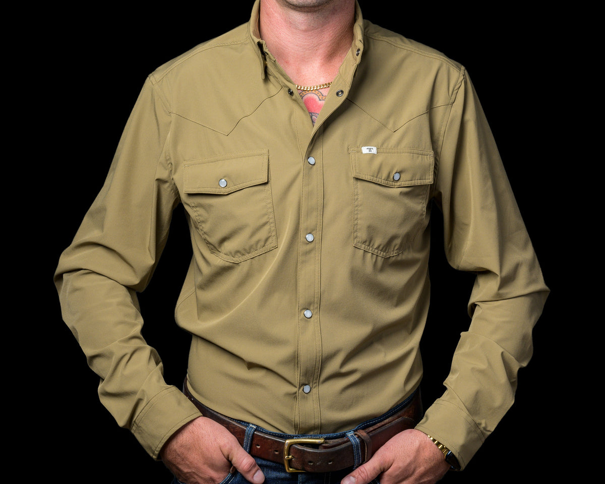 Ferrell Core Mens Khaki Snap Shirt a long sleeve shirt with two front snap down pockets at boltranchstore.com