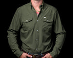 Ferrell Core Mens Olive Green Snap Shirt in a long sleeve shirt with an olive green at boltranchstore.com