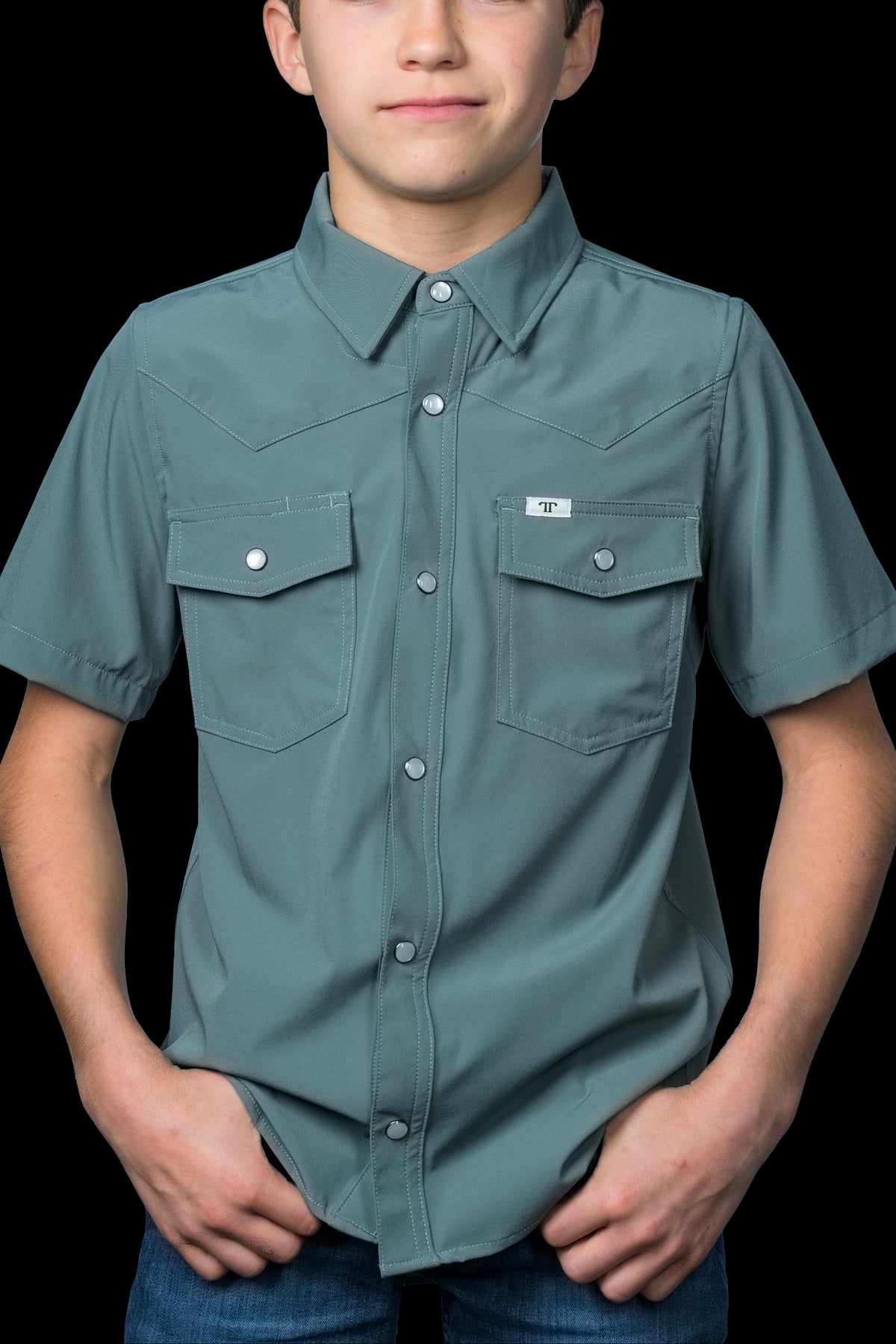 Ferrell Kids Aqua Short Sleeve Pearl Snap Shirt boy western rodeo ranching outdoor shirt 6 8 10 12 aqua blue top Boltranchstore.com free shipping