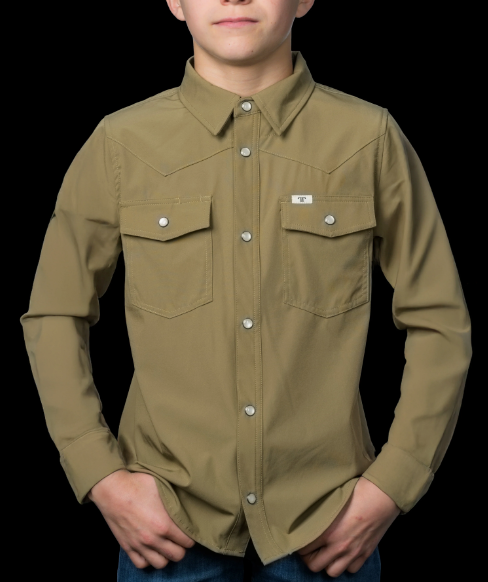 Ferrell Kids Khaki Long Sleeve Pearl Snap Shirt little boys western cowboy rodeo ranch shirt lightweight popular viral Boltranchstore.com kids shirt boy free shipping tan brown