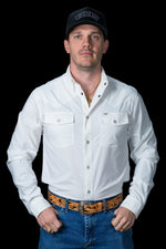 Ferrell Mens CORE White Long Sleeve Snap Shirt with two front pockets with the button down collar snaps at boltranchstore.com